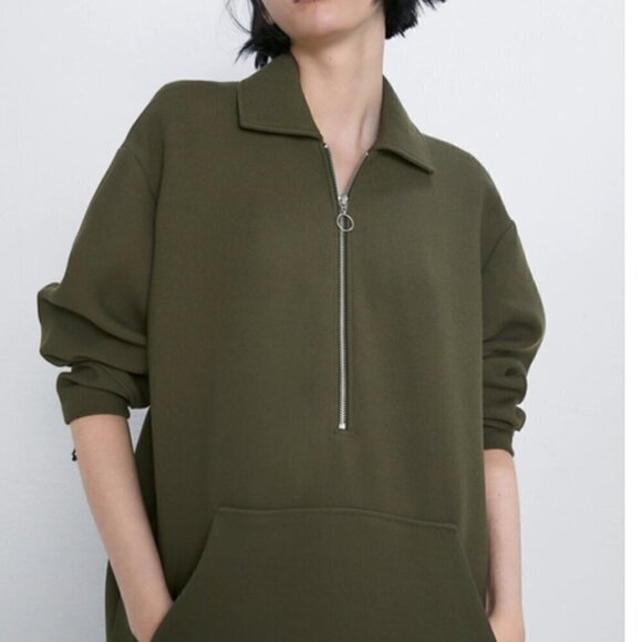 ZARA Kaki Half Zip Front Pocket Collared Sweater Size XS-S - Picture 1 of 9